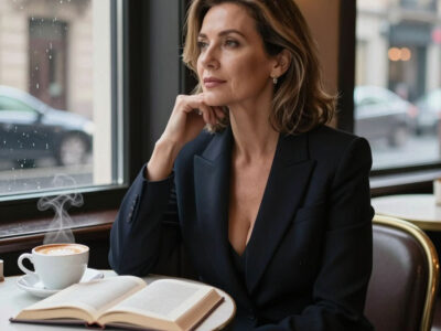 Стильная женщина в кафе у окна с чашкой кофе и книгой в дождливый день