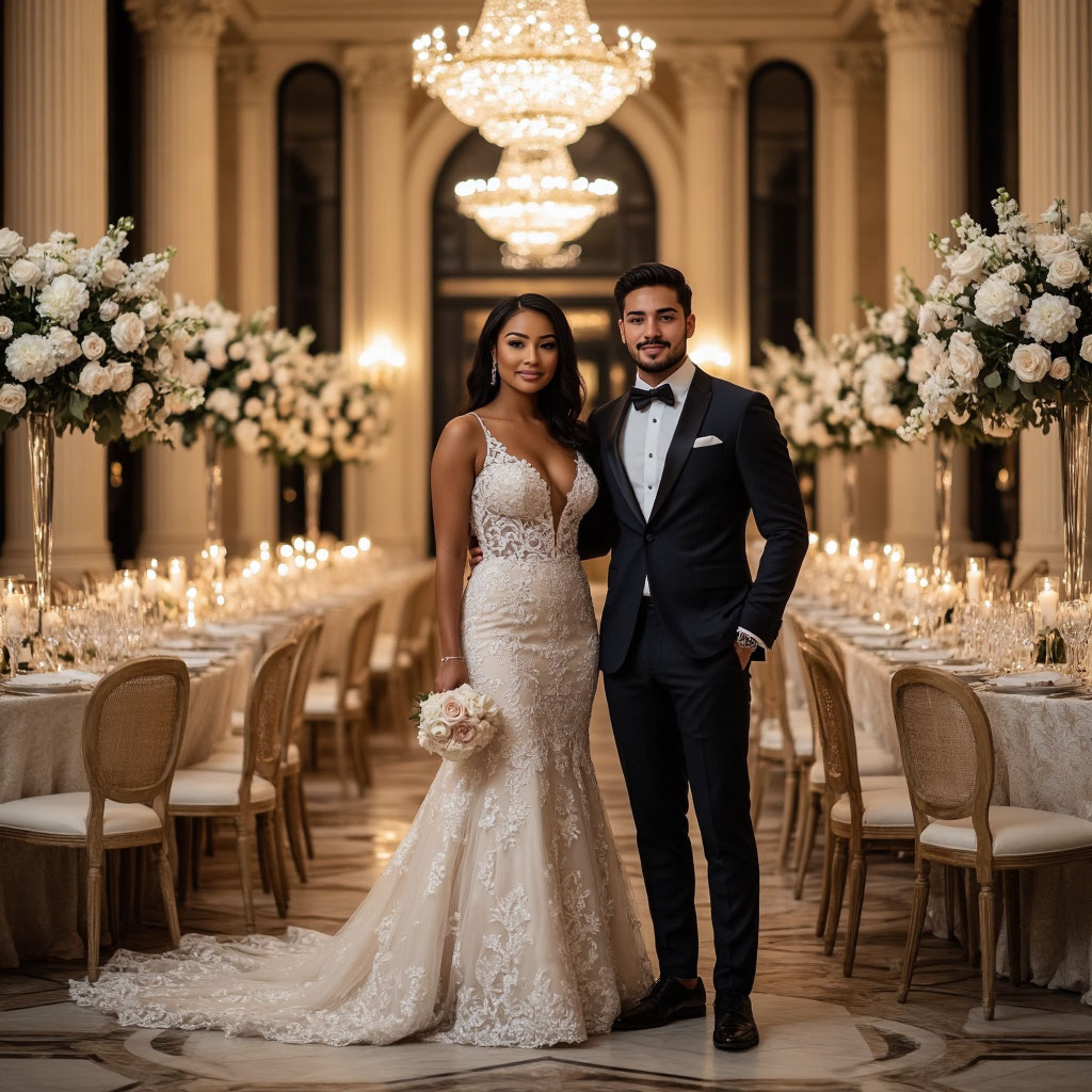 Красивая тамада с формами рядом с элегантной парой молодоженов