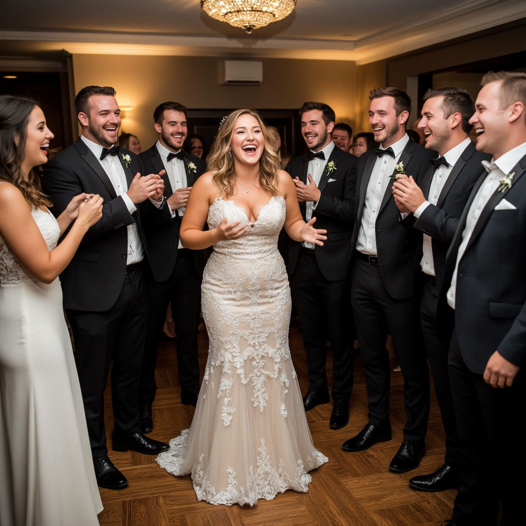 Компания друзей участвует в конкурсе на свадьбе без тамады, все смеются