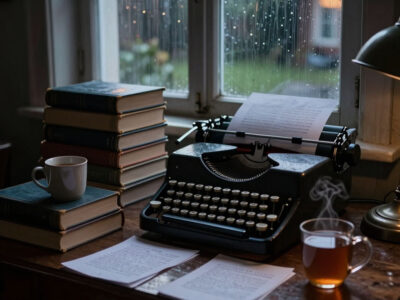 письменный стол с печатной машинкой и стопкой книг литературный конкурс
