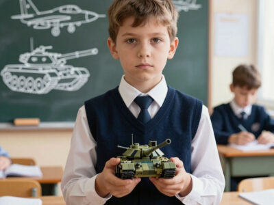 русский мальчик с моделью танка из конструктора у школьной доски на 23 февраля