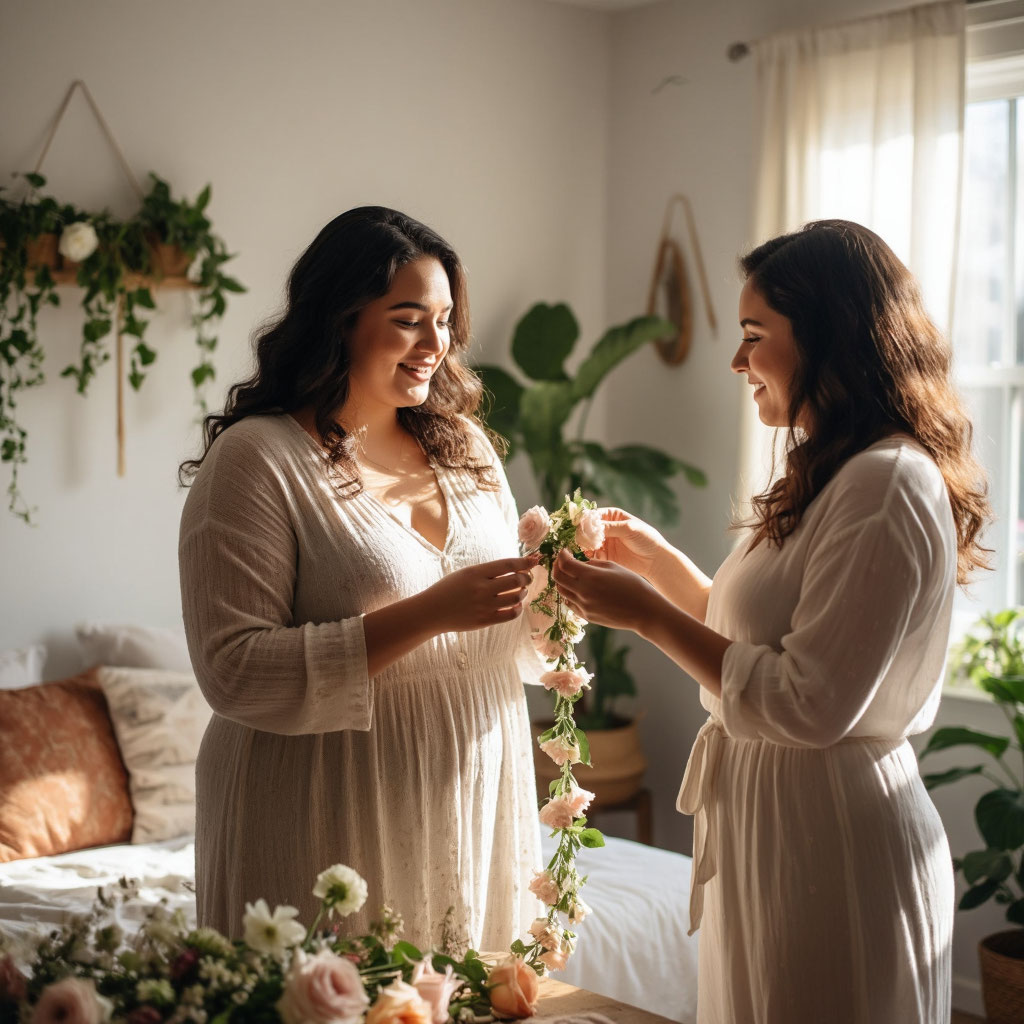 Красивая женщина с формами украшает дом к свадебному торжеству