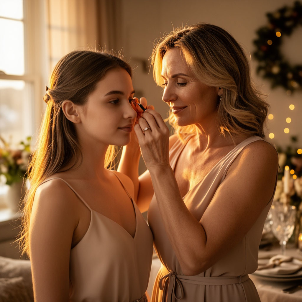 Женщина с дочерью у зеркала перед праздничным вечером в день рождения