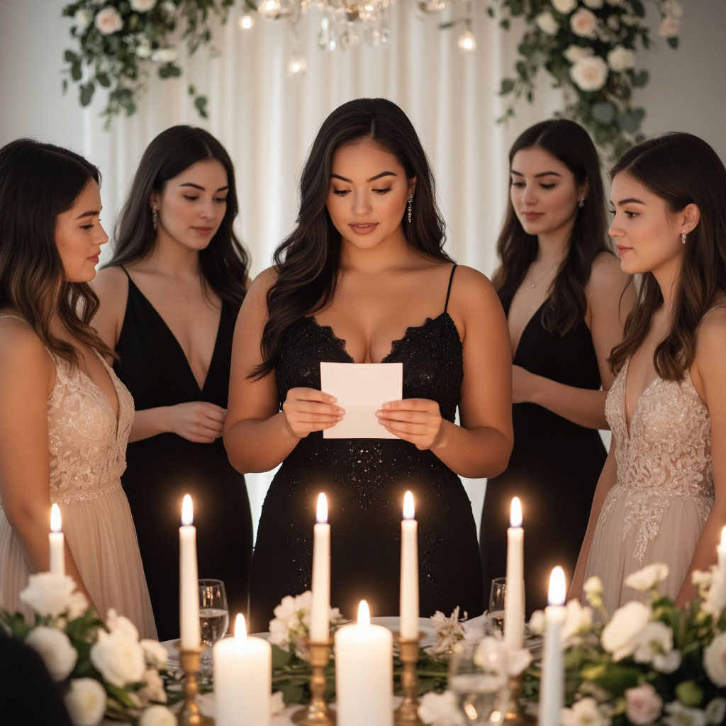 Красивая девушка с формами с карточкой задания на свадебном конкурсе