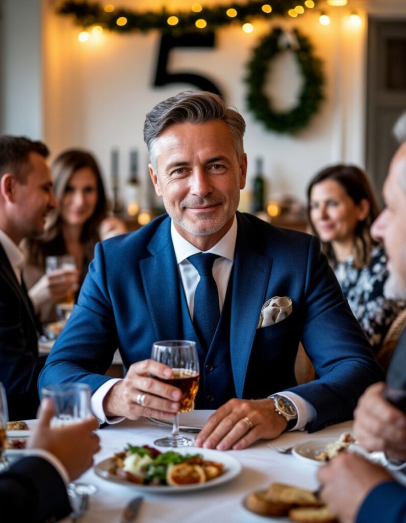 Мужчина 50 лет в костюме-тройке во главе праздничного стола на юбилее