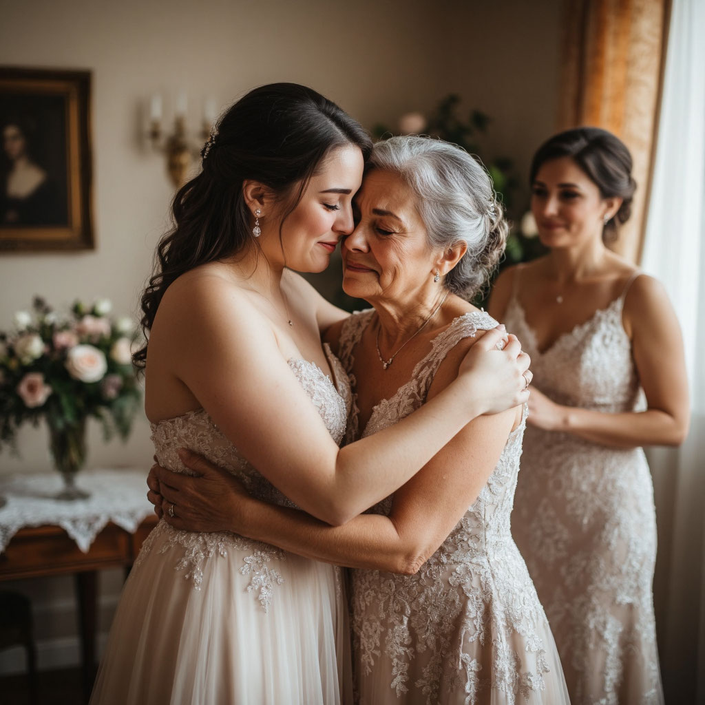 Красивая невеста с формами обнимает бабушку на семейной свадьбе
