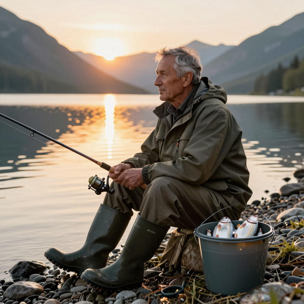 Прикольная открытка с юбилеем мужчине рыбалка озеро закат ведро с рыбой