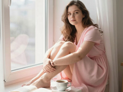 Женщина в розовом платье на подоконнике с книгой и чашкой кофе в утреннем свете