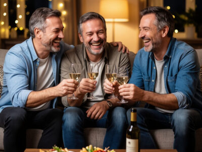 Трое мужчин с бокалами празднуют 50-летие друга в домашней гостиной
