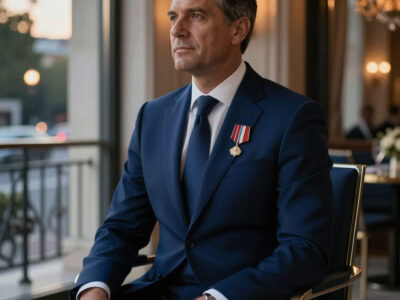 Солидный мужчина в темно-синем костюме с наградами на фоне российского флага