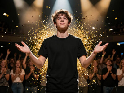 Парень с чеком на миллион рублей на сцене под софитами и дождём из блёсток