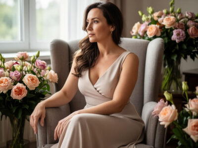 Красивая женщина с семейным фото в руках среди цветов в день юбилея дома