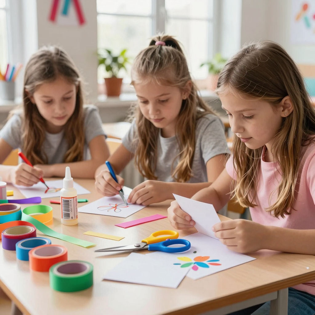 три русские школьницы делают открытки за партой в классе на 8 марта