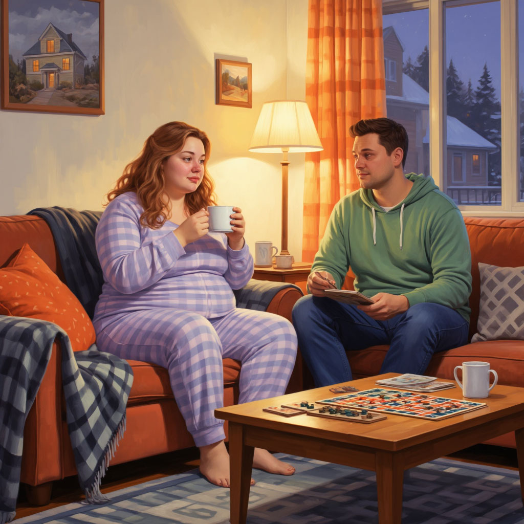 Русская женщина с формами в пижаме на домашних посиделках после свадьбы