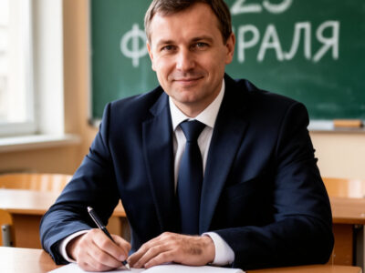 русский мужчина в костюме за школьной партой на 23 февраля