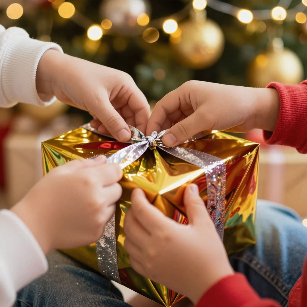 крупный план детских рук разворачивающих новогодний подарок у ёлки с гирляндами