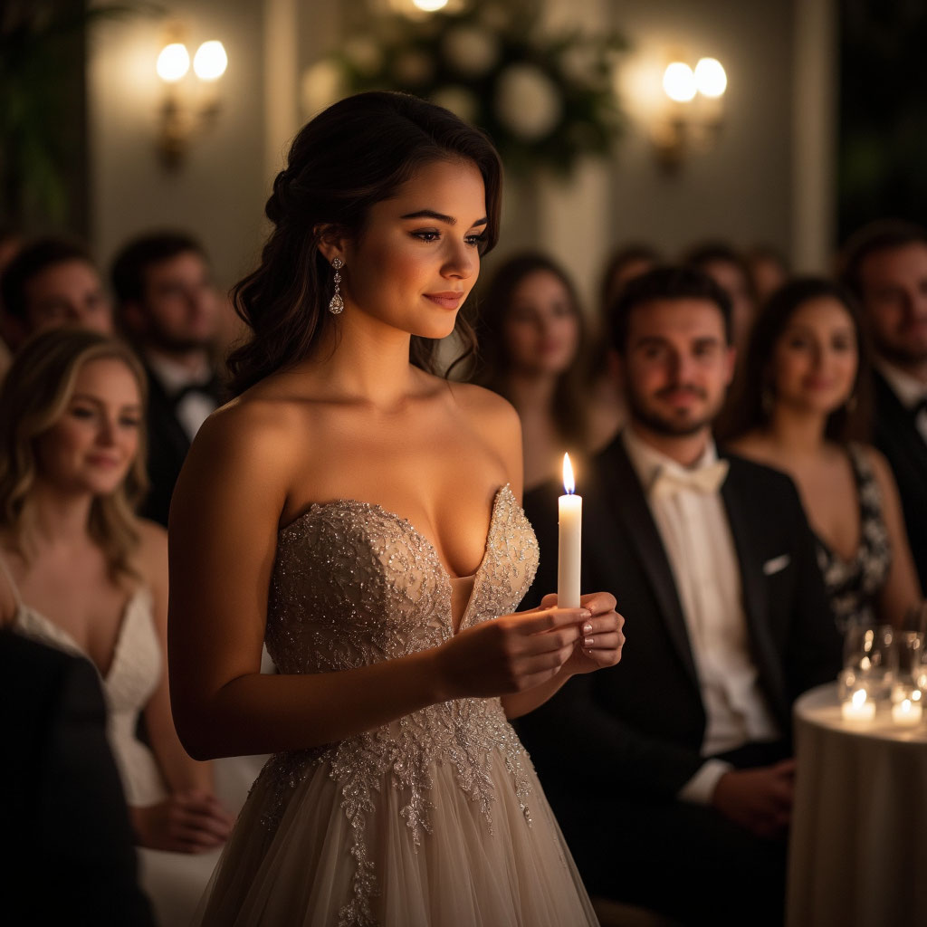 Красивая женщина с формами держит свечу на обряде для молодоженов