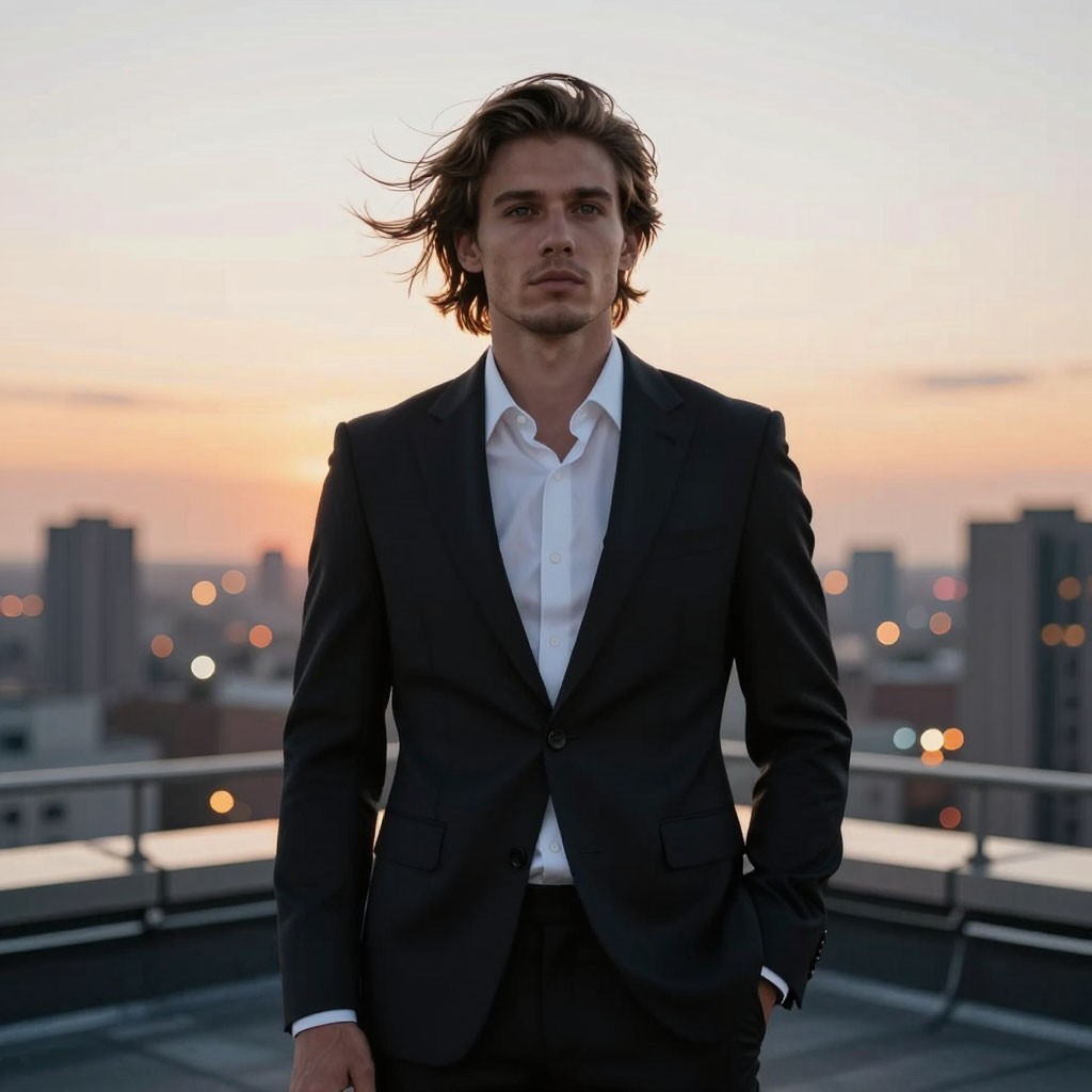 Красивый молодой мужчина в стильном костюме на крыше небоскреба на закате