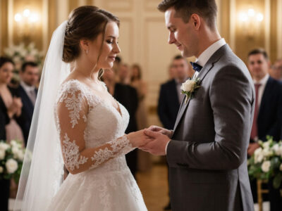 Русская невеста с формами и жених обмениваются кольцами на церемонии