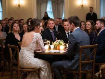 Красивая пара с гостями за столом на небольшой камерной свадьбе