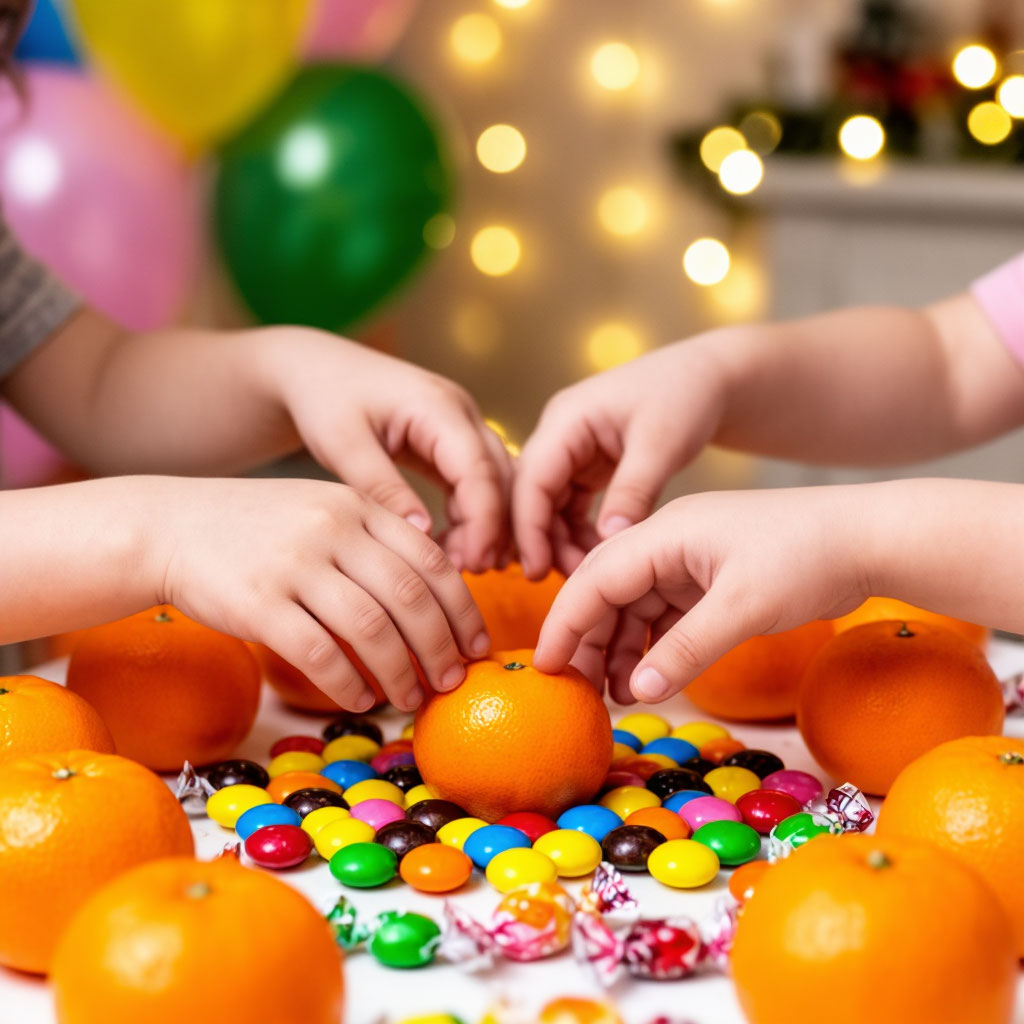 крупный план детских рук с конфетами на столе для дня рождения с шариками и гирляндой
