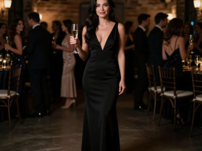 Женщина в черном платье на вечеринке с конкурсами