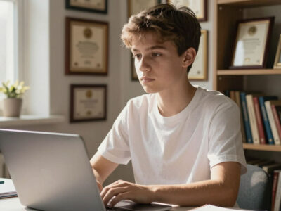 школьник за ноутбуком регистрируется на конкурс Большая перемена на фоне дипломов