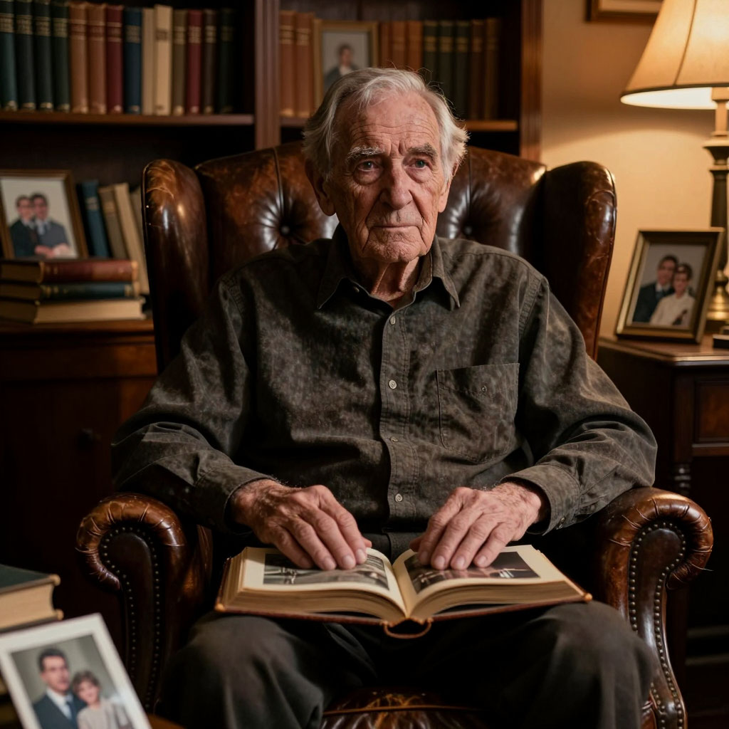 Пожилой мужчина в кожаном кресле с фотоальбомом в окружении книг и фотографий