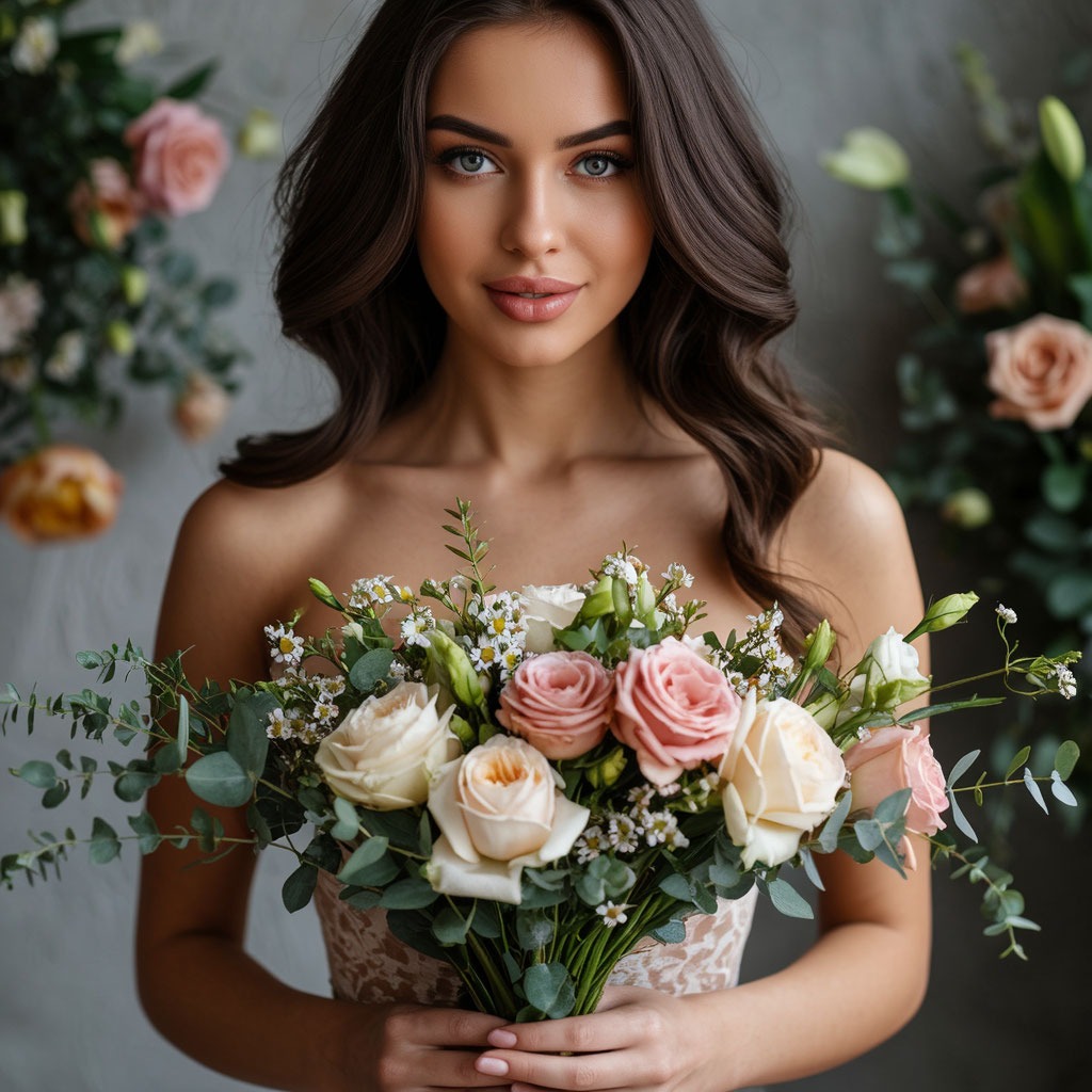 Молодая мать держит в руках букет цветов.