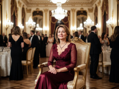 Русская женщина в бордовом шёлковом платье в кресле в роскошном зале на своём 65-летии