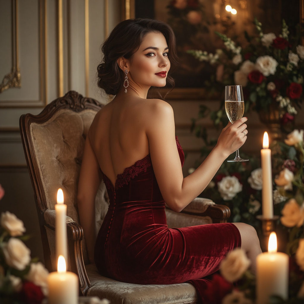 Русская женщина в возрасте 40 лет в красном бархатном платье держит бокал.