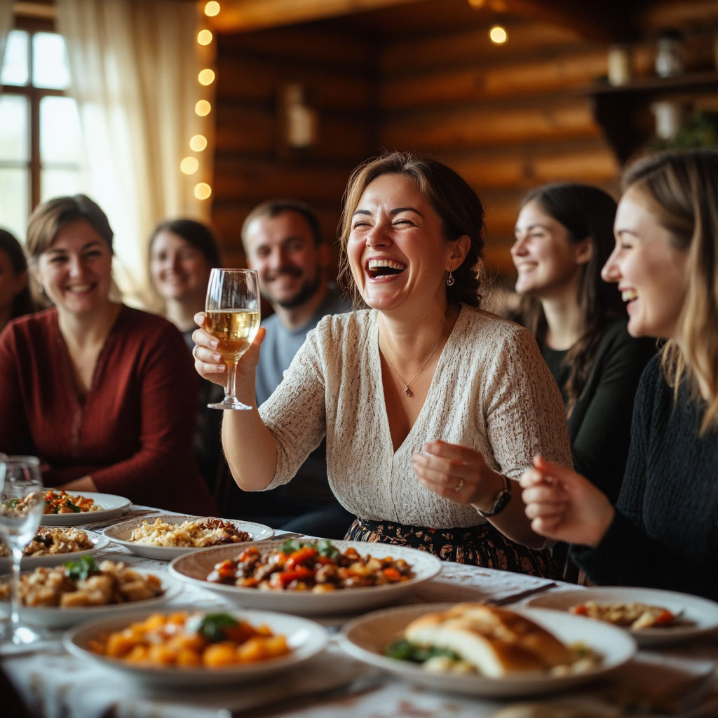 Весёлая женщина с пышными формами смеётся с бокалом в руке на юбилейном застолье