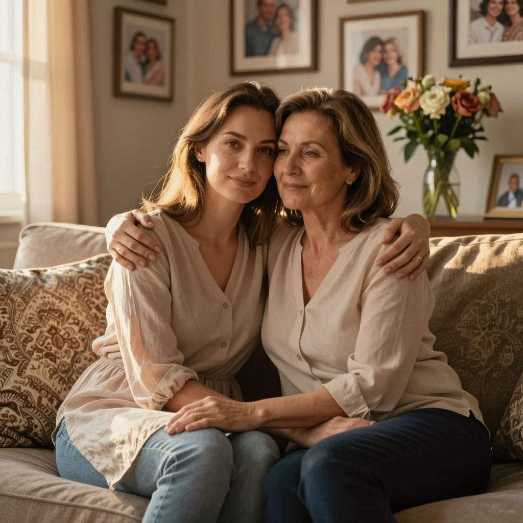 Две красивые женщины мать и дочь обнимаются на диване в уютной домашней атмосфере