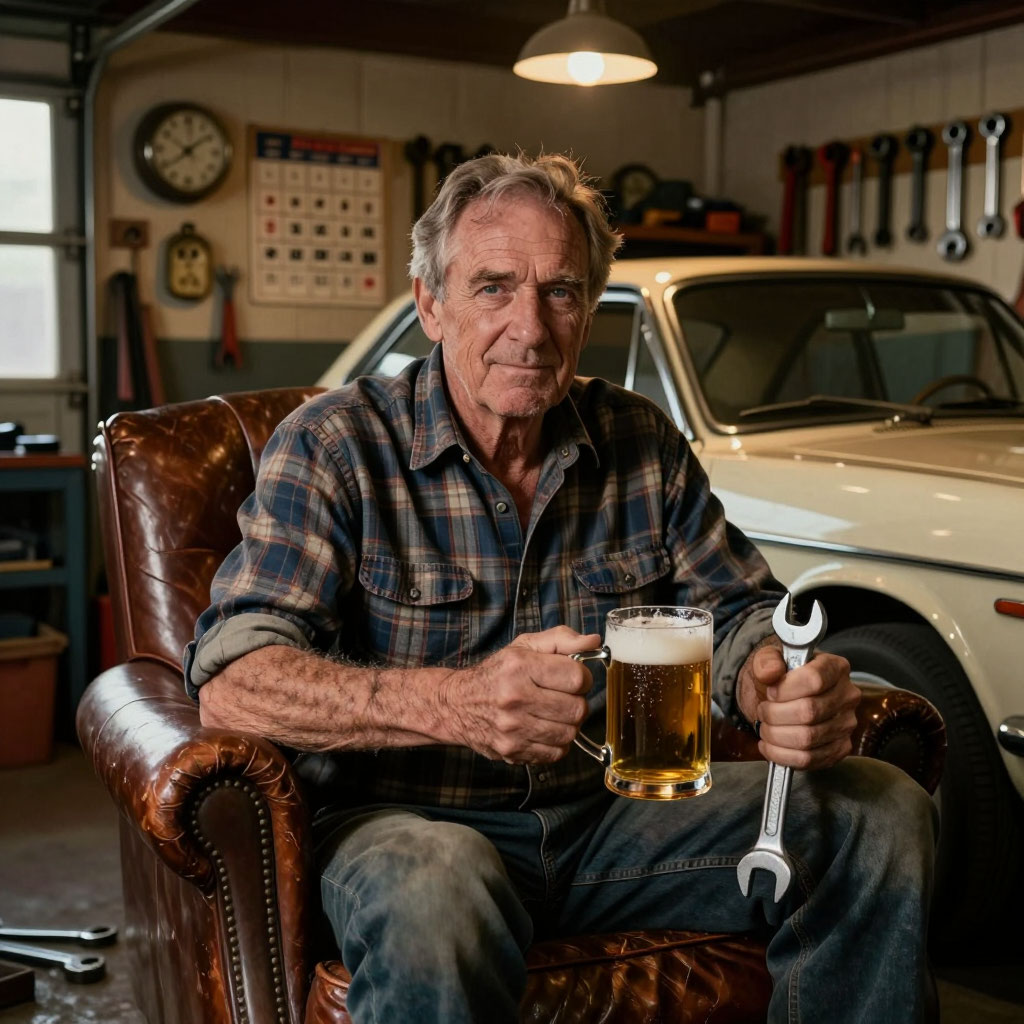 Прикольная открытка с юбилеем мужчине гараж ретро автомобиль пиво ключ