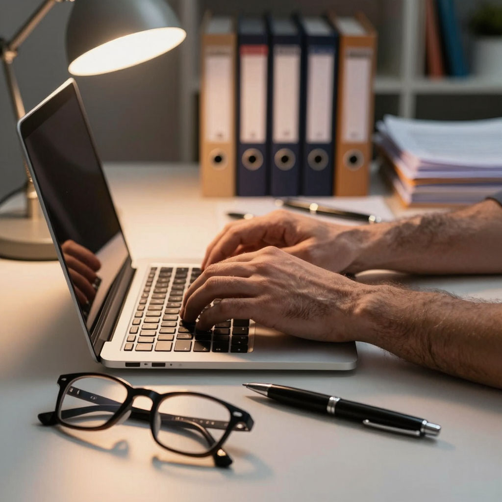 крупный план мужских рук с ноутбуком и регистрацией на конкурс для директоров школ