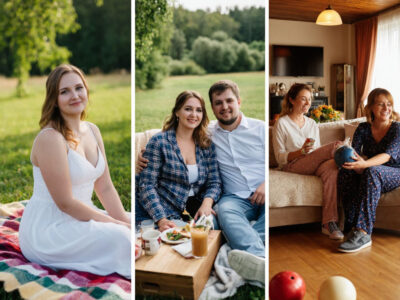 Коллаж трех форматов второго дня свадьбы с русскими женщинами и мужчинами