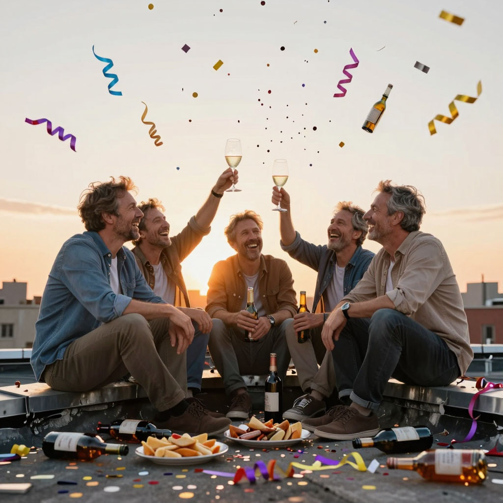 Тосты от друзей на юбилей мужчине компания на крыше с бокалами закат