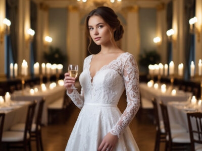 Русская невеста с формами и жених слушают стихи на свадебном вечере