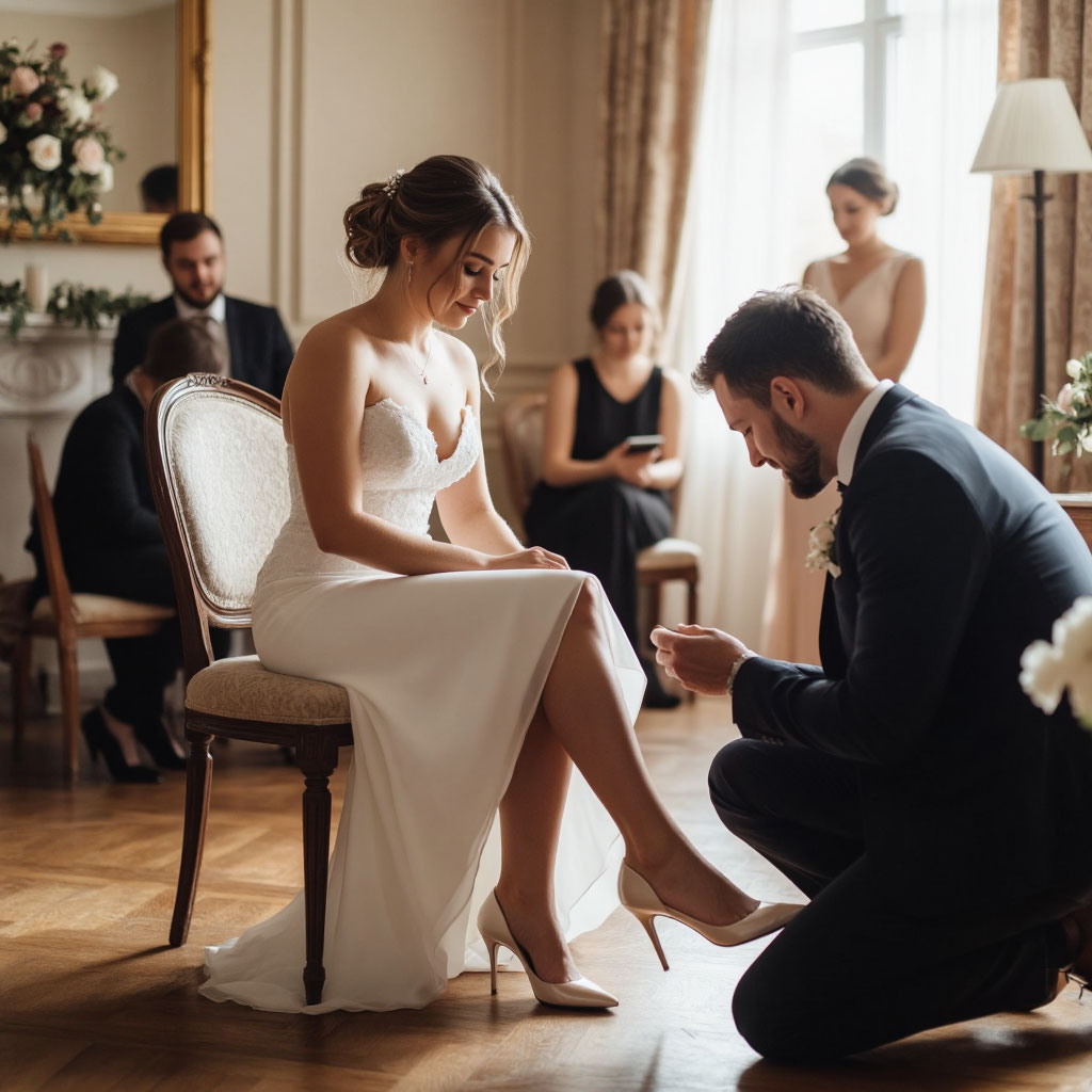 Русский жених надевает туфельку невесте с формами на выкупе