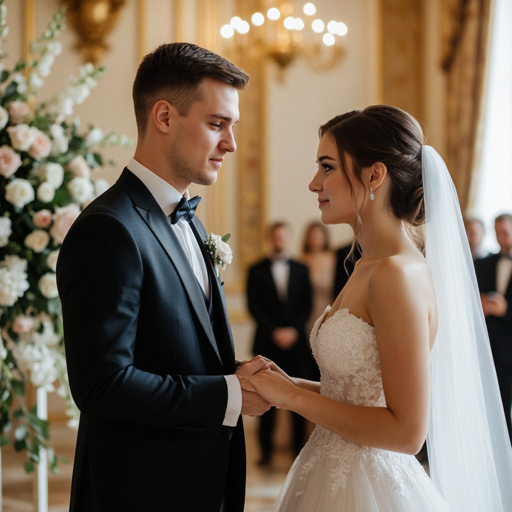 Русский жених в костюме говорит клятву невесте на церемонии