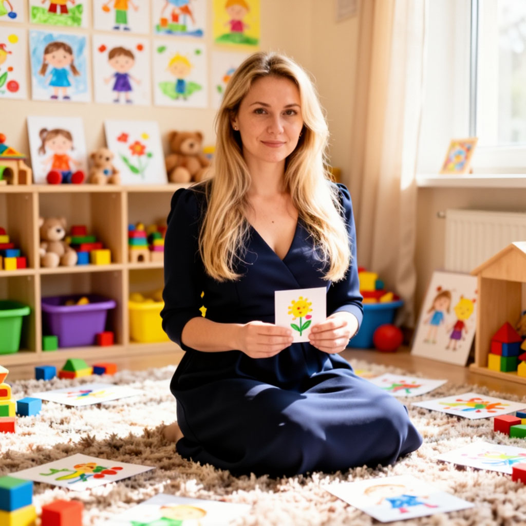 Воспитательница с детскими работами в игровой комнате