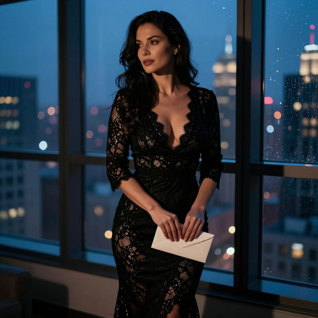 Эффектная женщина в кружевном платье у окна пентхауса с открыткой в руках