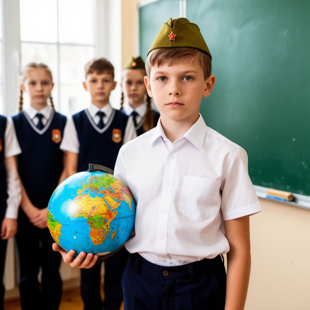 русский мальчик в школьной форме у доски на 23 февраля