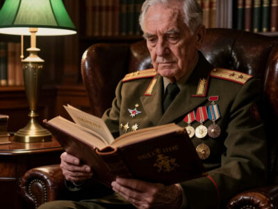 Сделай фото: Эффектный мужчина 75 лет в старом военном кителе с медалями сидит в глубоком кожаном кресле в старинной библиотеке. В руках он держит огромную старую книгу в кожаном переплете. Книга открыта, и из ее страниц поднимаются золотые буквы, образующие силуэты людей, событий, мест. Рядом с креслом стоит лампа с зеленым абажуром, создающая теплый круг света. Атмосфера мудрости, истории и прожитой жизни, ставшей книгой.