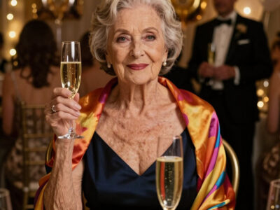 Женщина 70 лет в вечернем платье во главе праздничного стола на юбилее