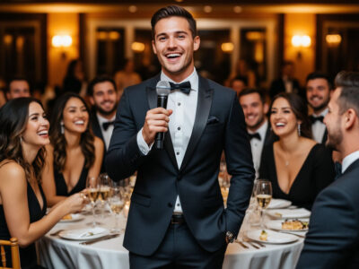 Профессиональный ведущий свадьбы в костюме с микрофоном в банкетном зале