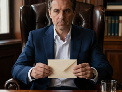 Солидный мужчина в костюме в кожаном кресле с открыткой и бокалом виски