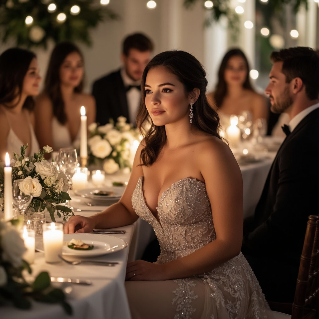 Красивая девушка с формами в вечернем платье за свадебным столом