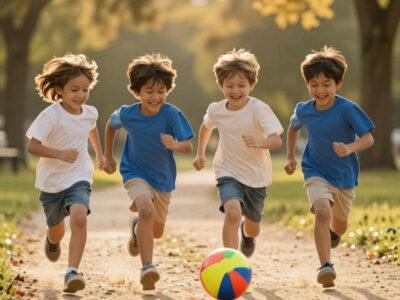 дети бегут с зажатыми мячами между коленями на летней эстафете