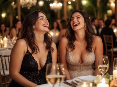 Две красивые девушки с формами смеются за свадебным столом без тамады